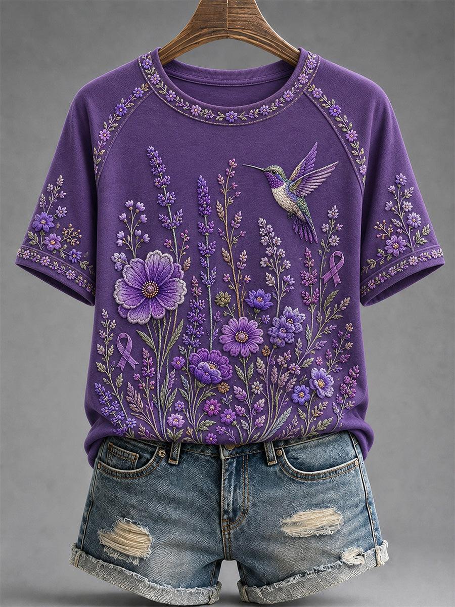 T-shirt de soutien à la sensibilisation à la maladie d’Alzheimer pour femmes, imprimé floral violet et colibris