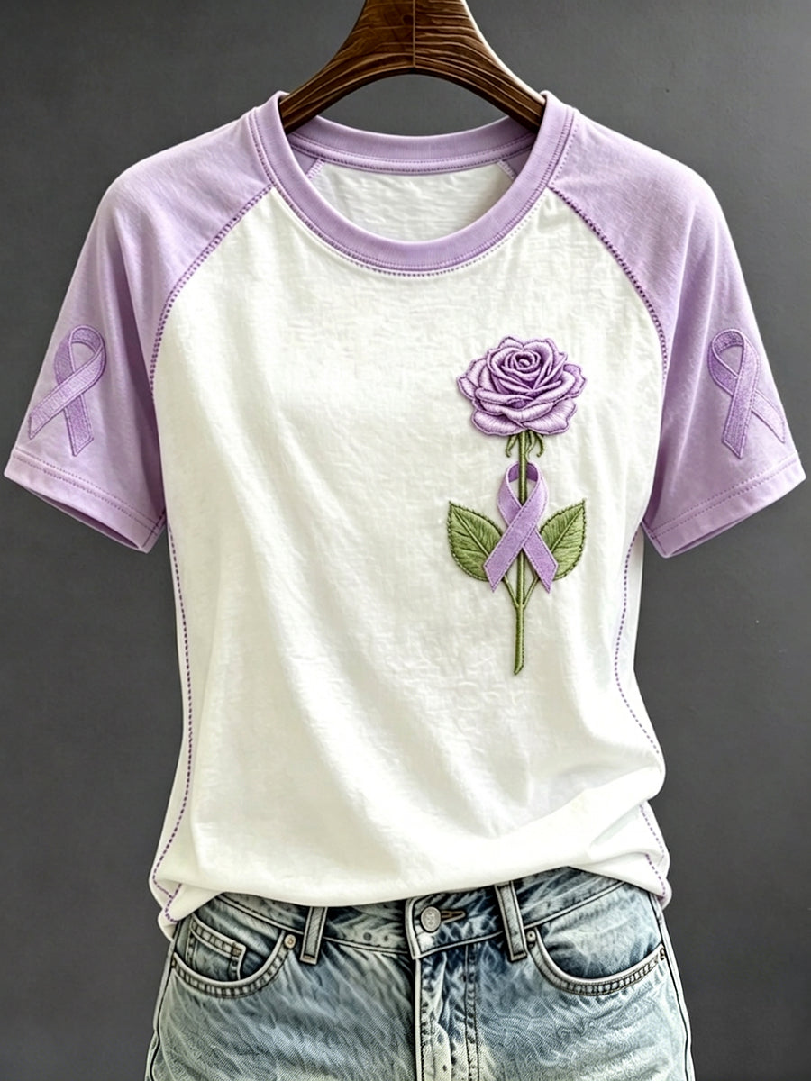 T-shirt Femme Violet Imprimé Rose Manches Contrastées Col Rond