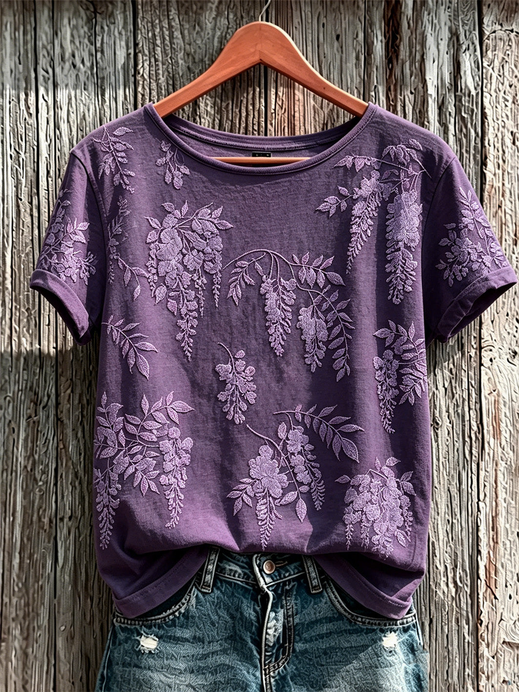 T-shirt décontracté à manches courtes pour femme, imprimé motif plantes et fleurs violet