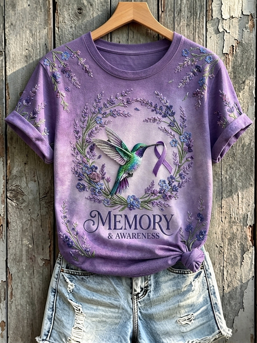 T-shirt à manches courtes violet à imprimé colibri et ruban pour femme
