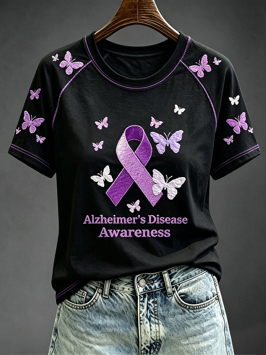 T-shirt col rond à manches contrastées imprimé violet ruban pour femme
