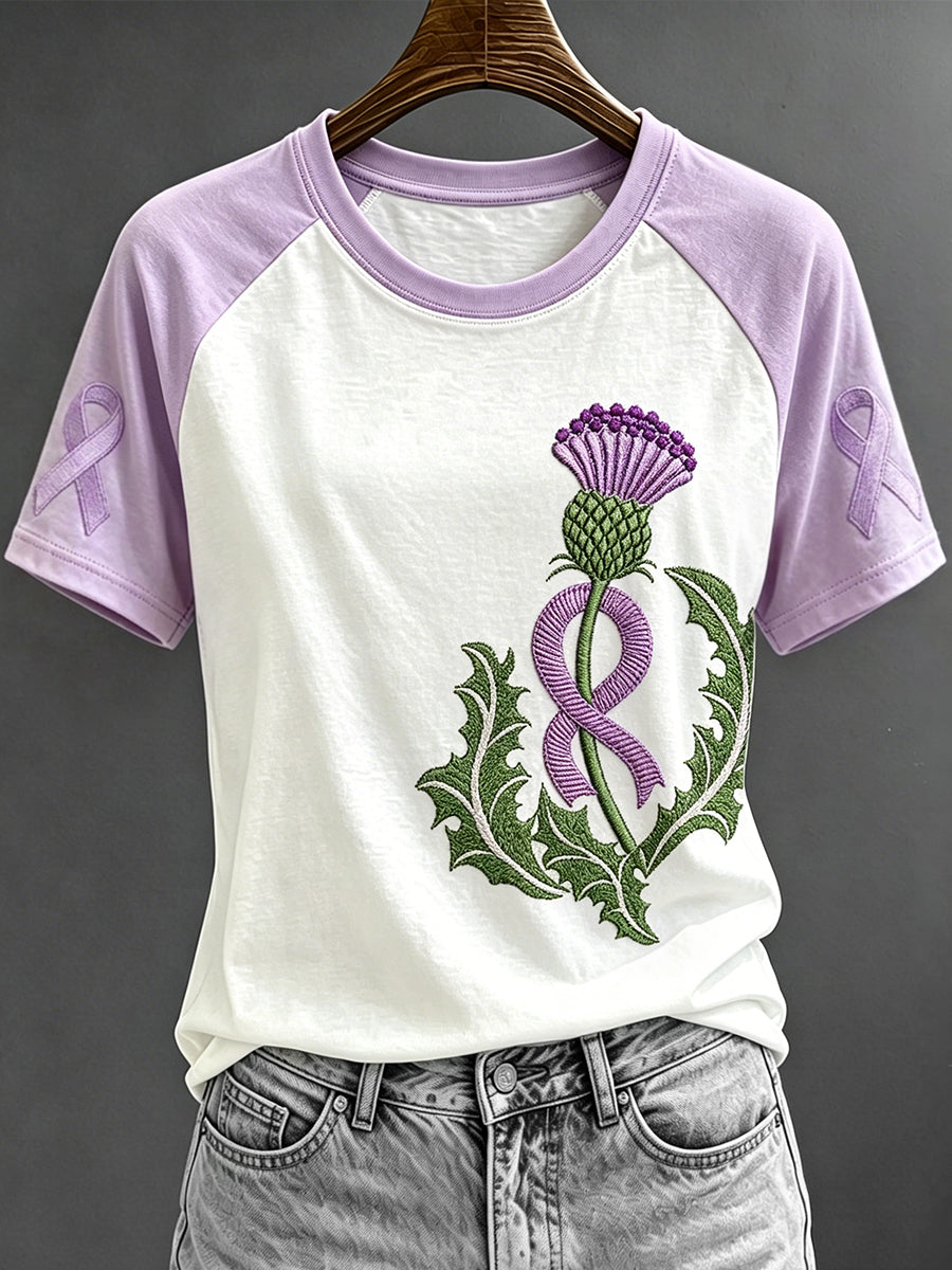 T-shirt Femme Violet Ruban Écossais Chardon Imprimé Manches Contrastées Col Rond