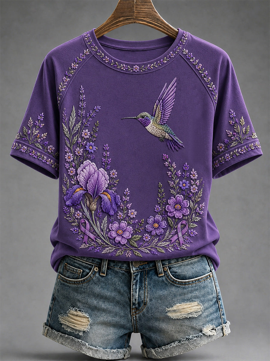 T-shirt de soutien à la sensibilisation à la maladie d’Alzheimer pour femmes, imprimé floral violet et colibris