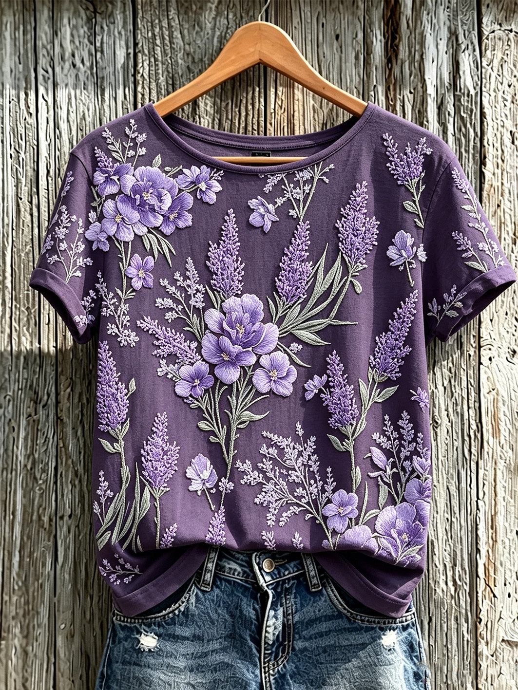 T-shirt décontracté à manches courtes pour femme, imprimé motif plantes et fleurs violet