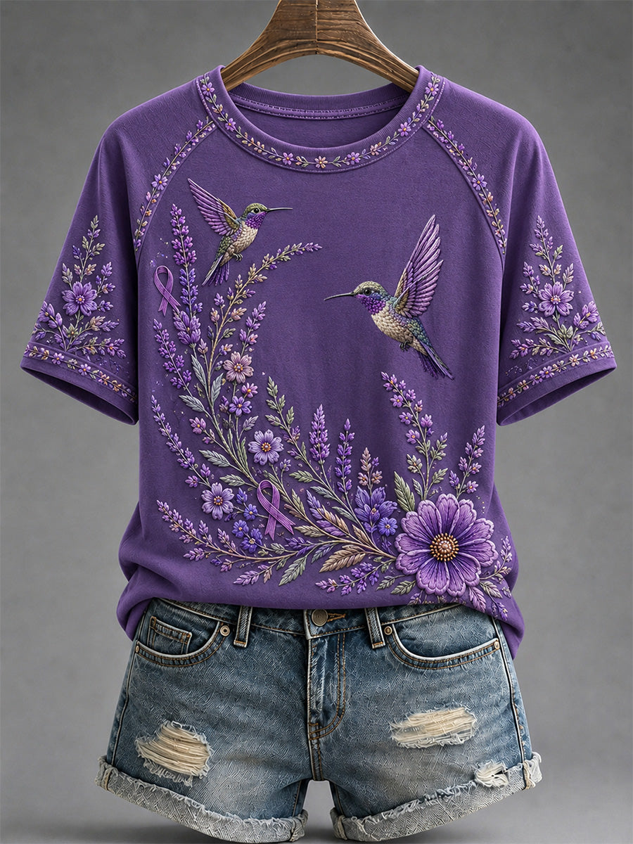 T-shirt de soutien à la sensibilisation à la maladie d’Alzheimer pour femmes, imprimé floral violet et colibris