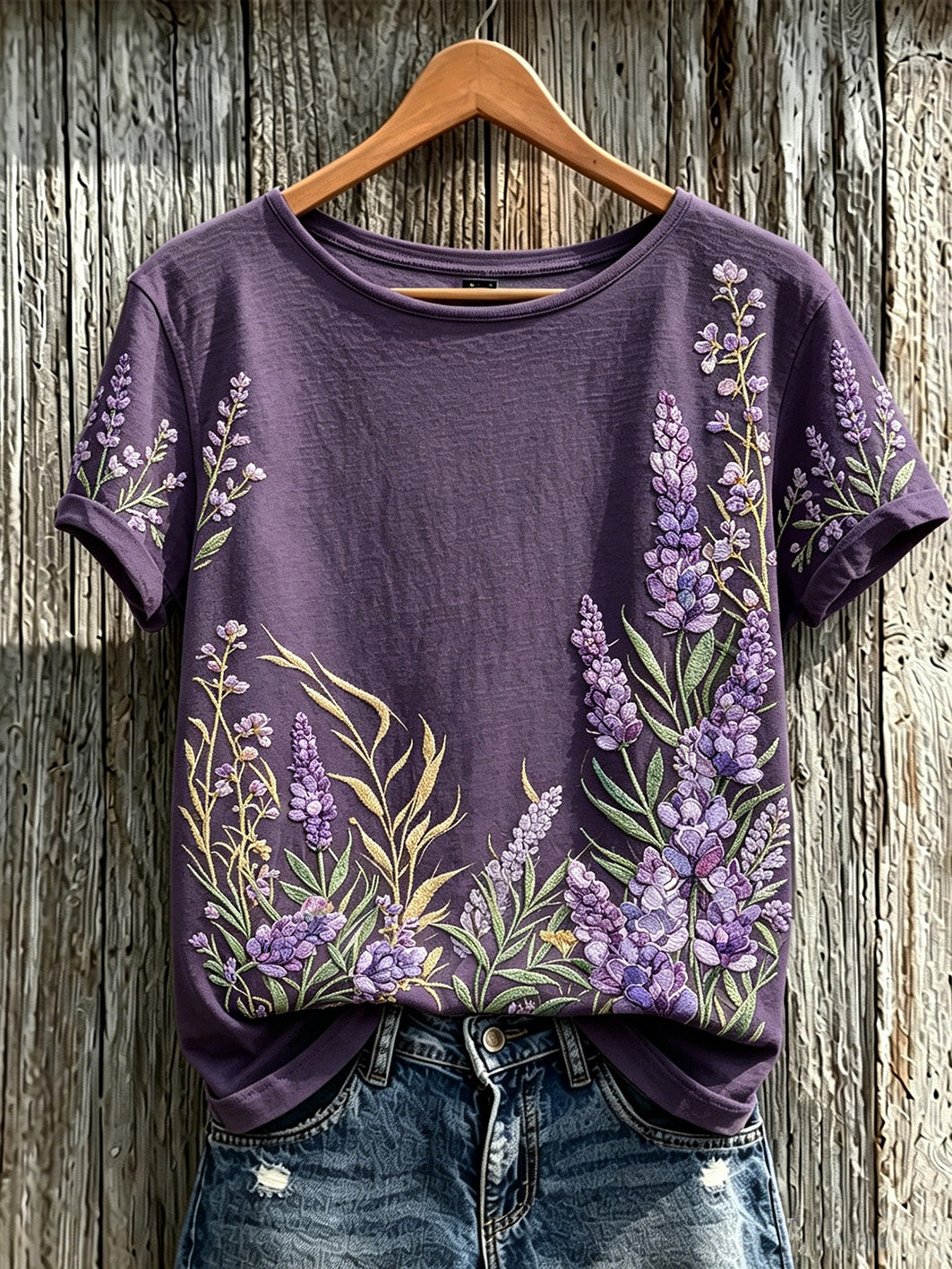 T-shirt décontracté à manches courtes pour femme, imprimé motif plantes et fleurs violet