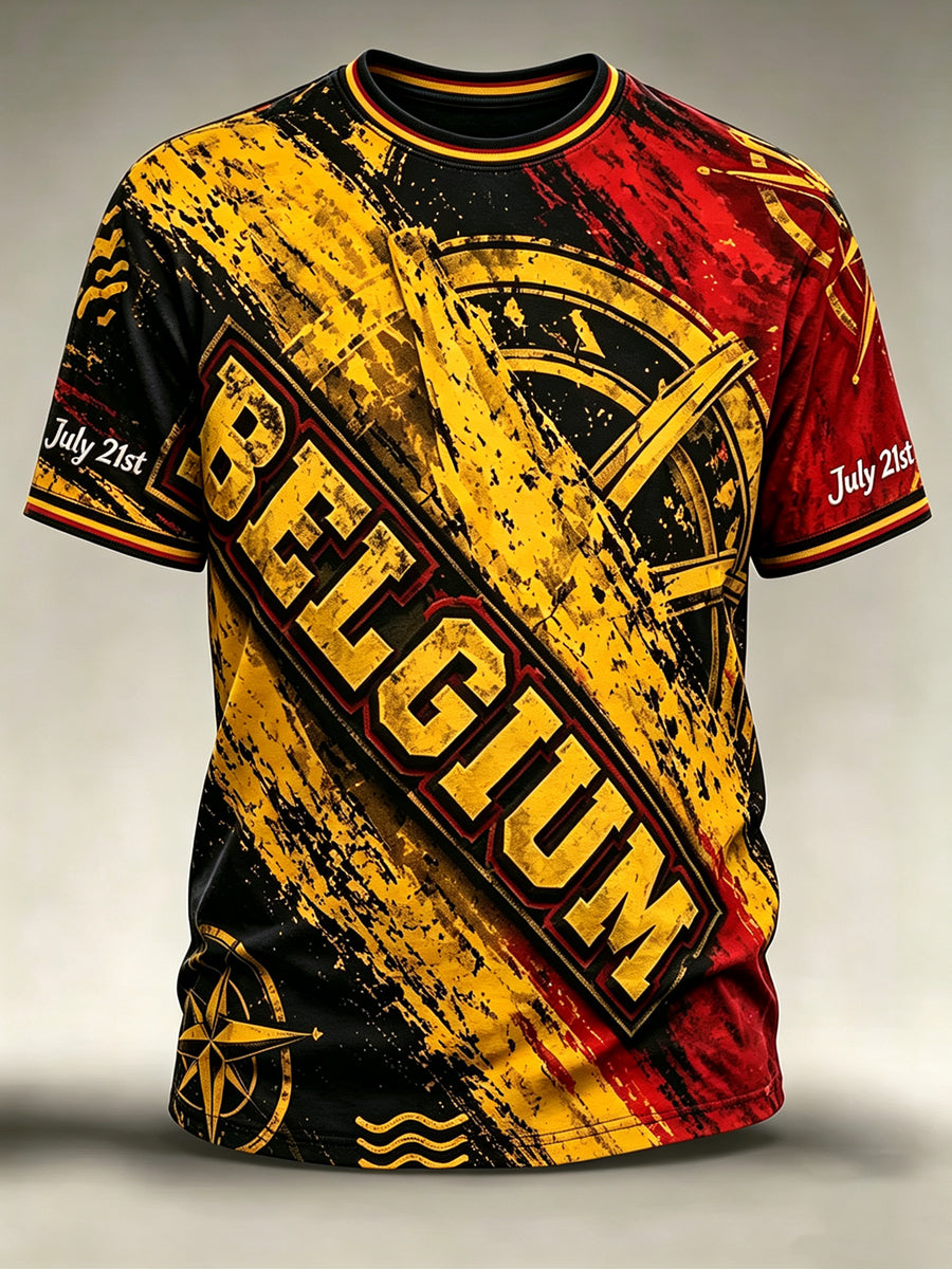 T-shirt vintage à manches courtes, ample, imprimé, à la mode, pour la fête nationale de la Belgique, pour hommes