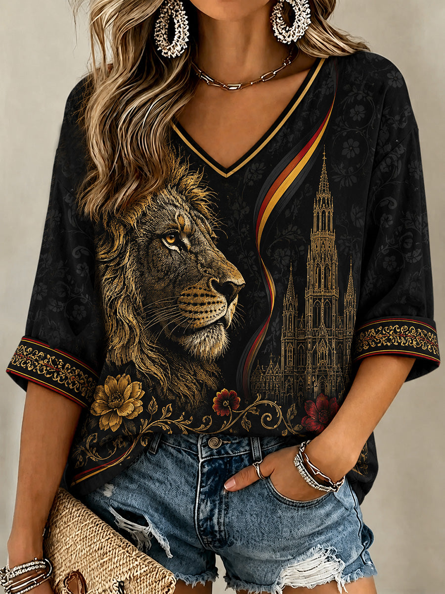 T-shirt décontracté à col en V pour femme, imprimé Belgique