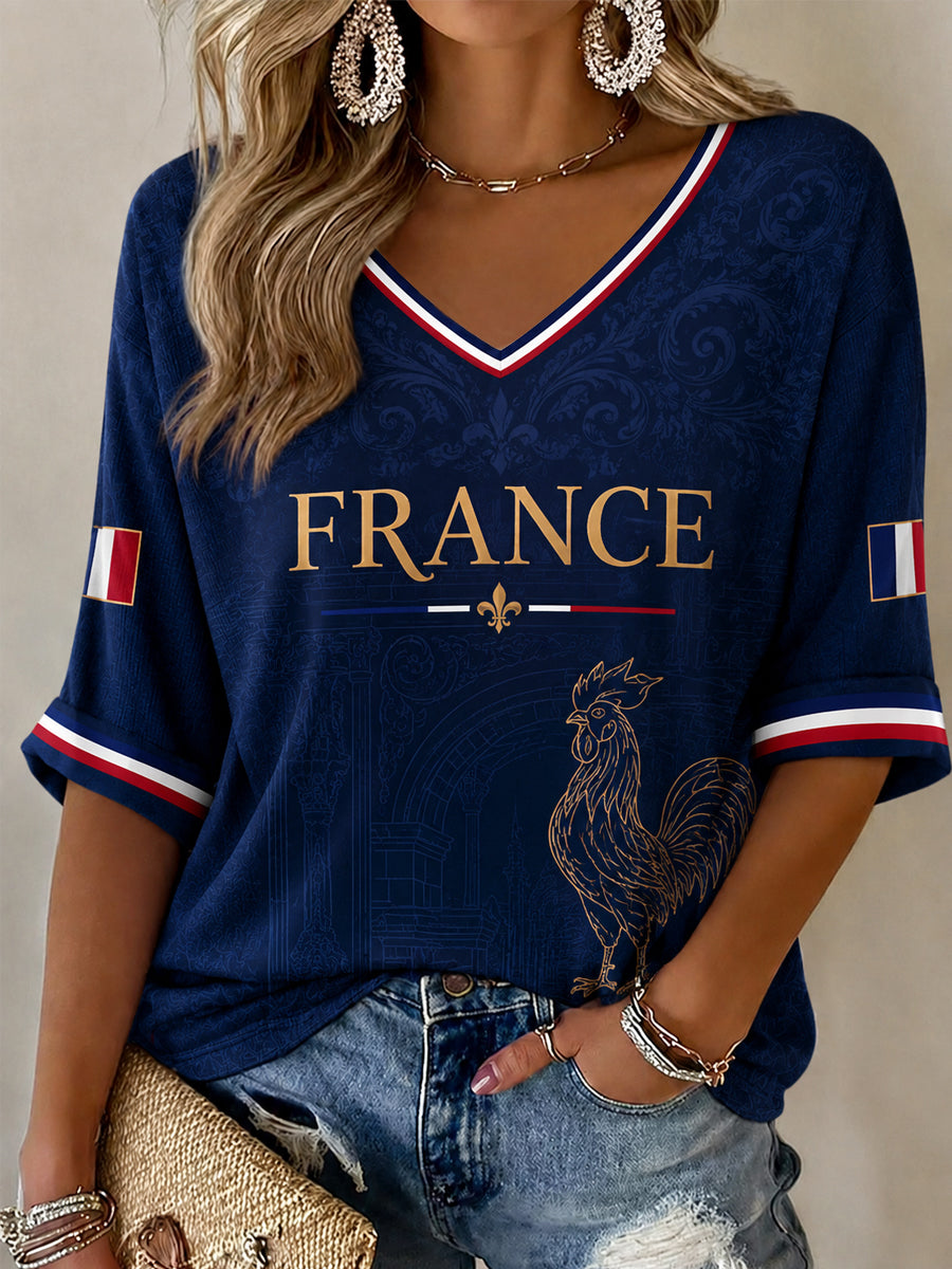 T-shirt femme décontracté à imprimé français, manches mi-longues et col en V