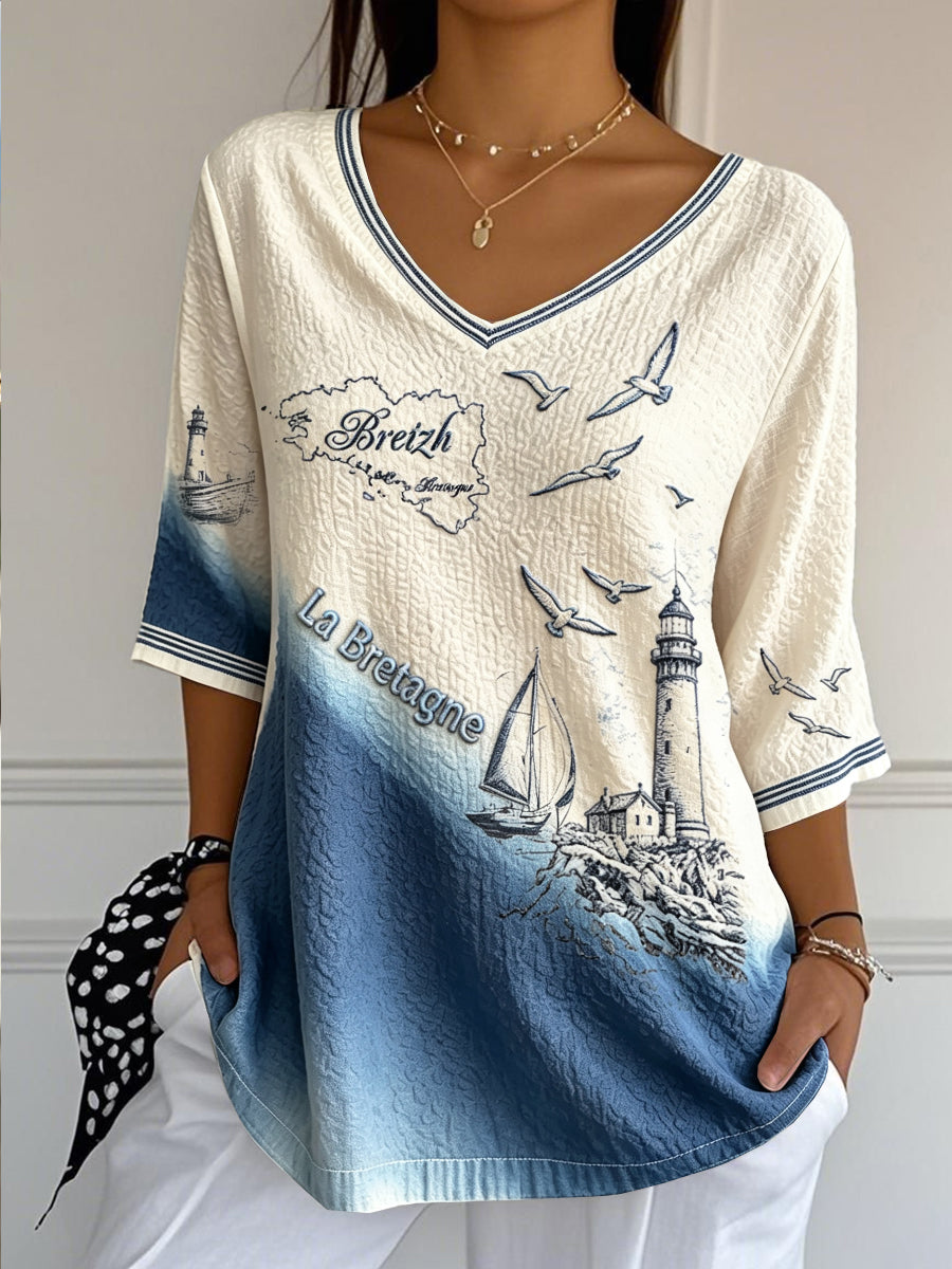 T-shirt femme léger en coton et lin, col V, imprimé dégradé, style breton français décontracté