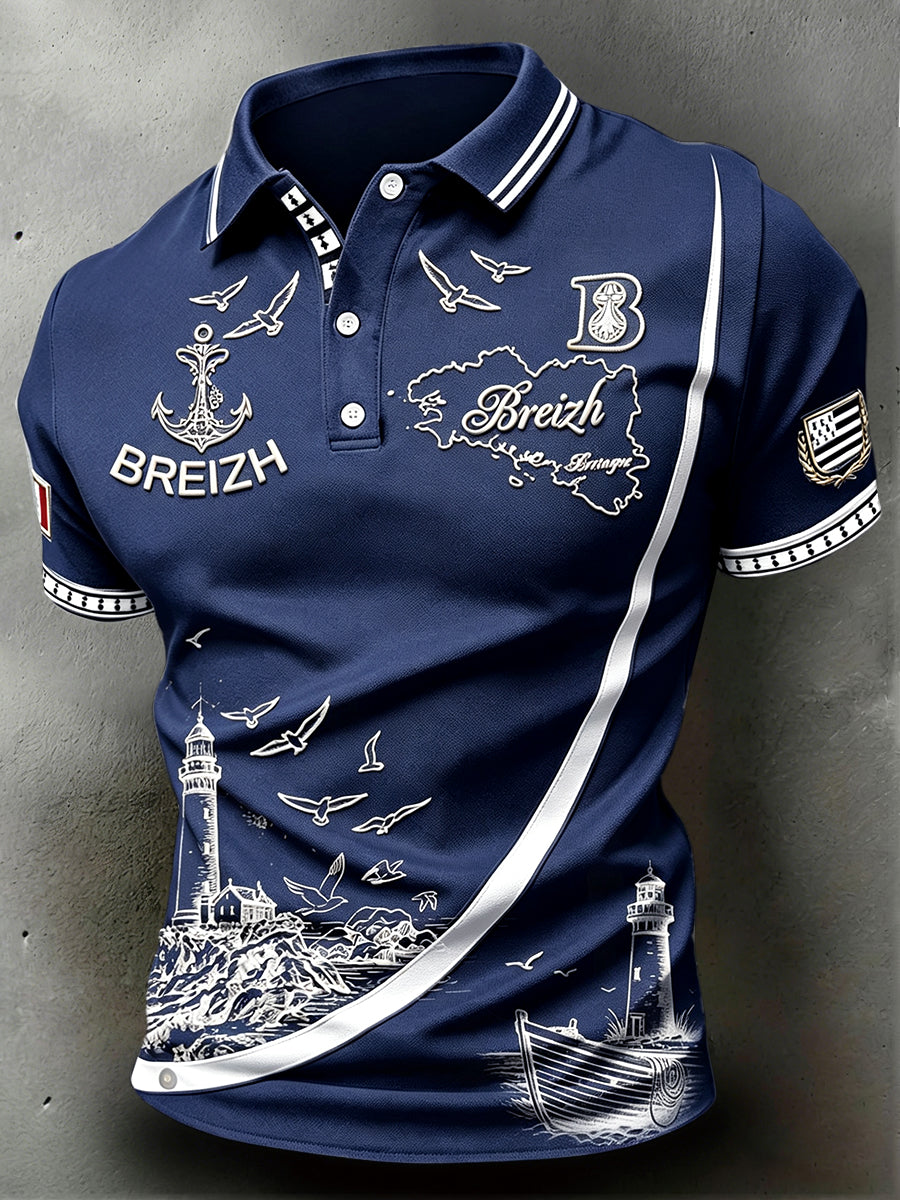 Polo décontracté pour homme, imprimé phare breton bleu marine profond