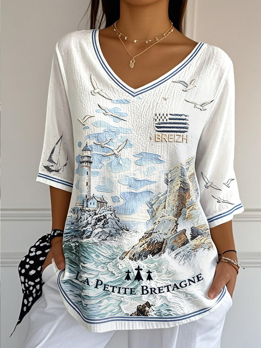 T-shirt femme décontracté et tendance pour l’été, en coton-lin, à col V, imprimé Bretagne française