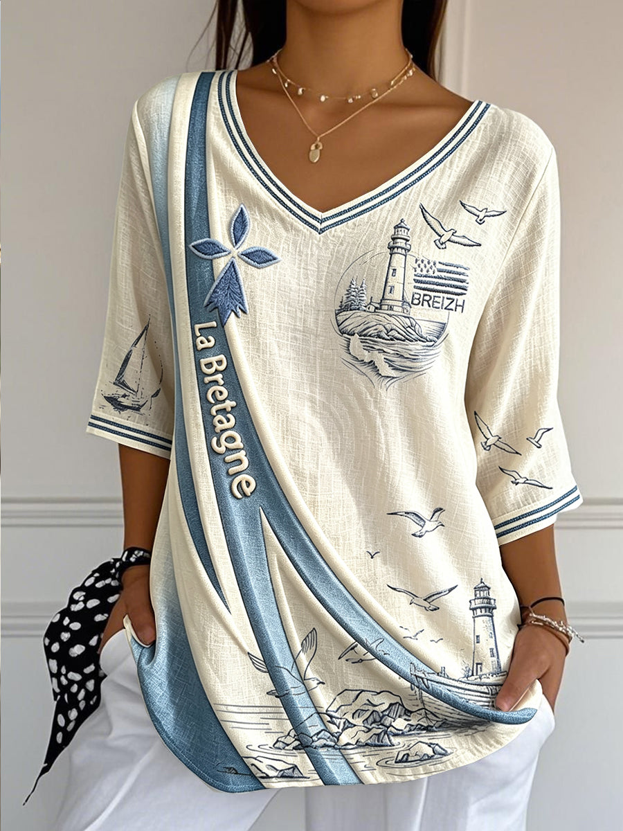 T-shirt femme en coton-lin léger, à col V, imprimé patchwork breton, style décontracté