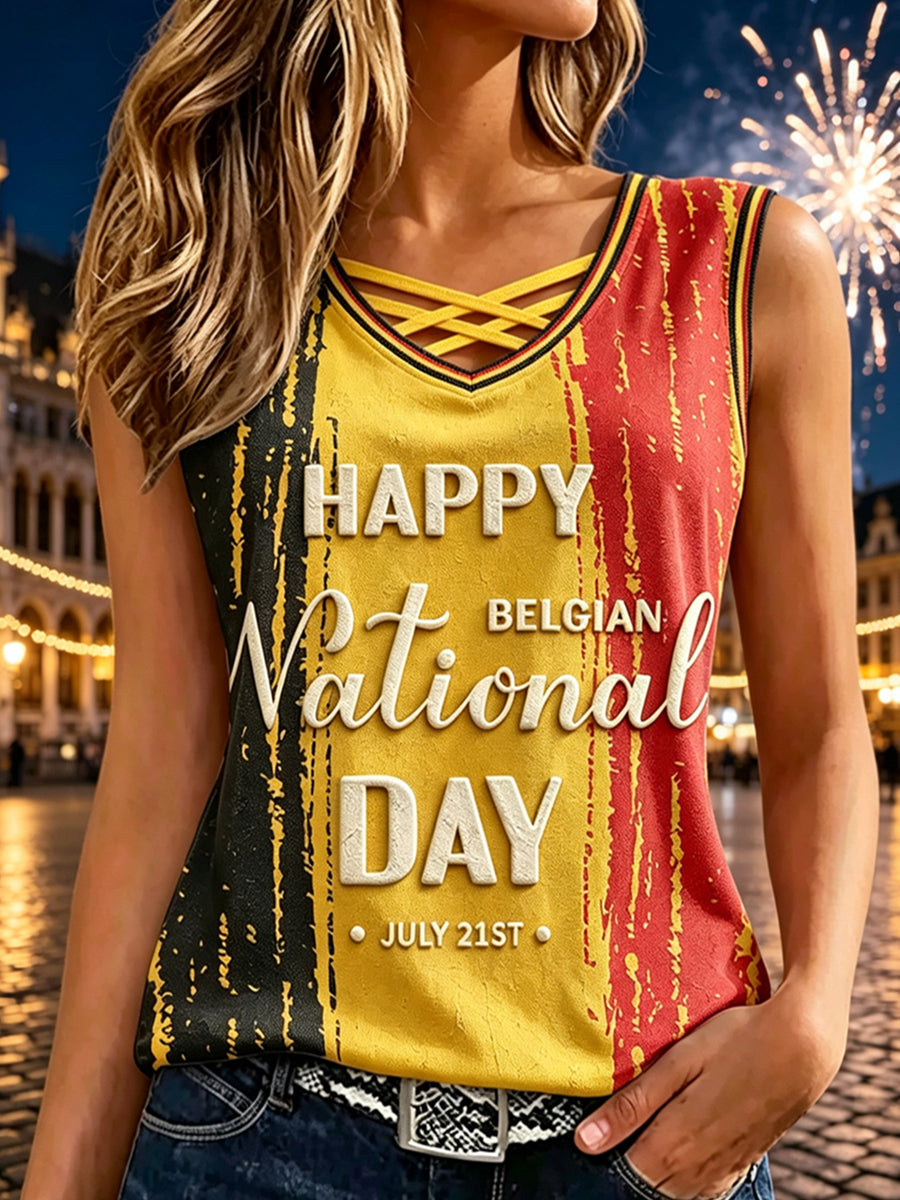 Débardeur sans manches rétro pour femmes, imprimé aux couleurs de la Belgique, idéal pour la fête nationale