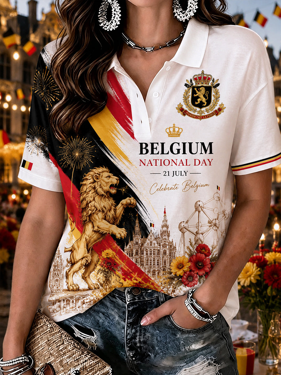 Polo Femme À Manches Courtes Imprimé Graphique Commémoratif De La Fête Nationale