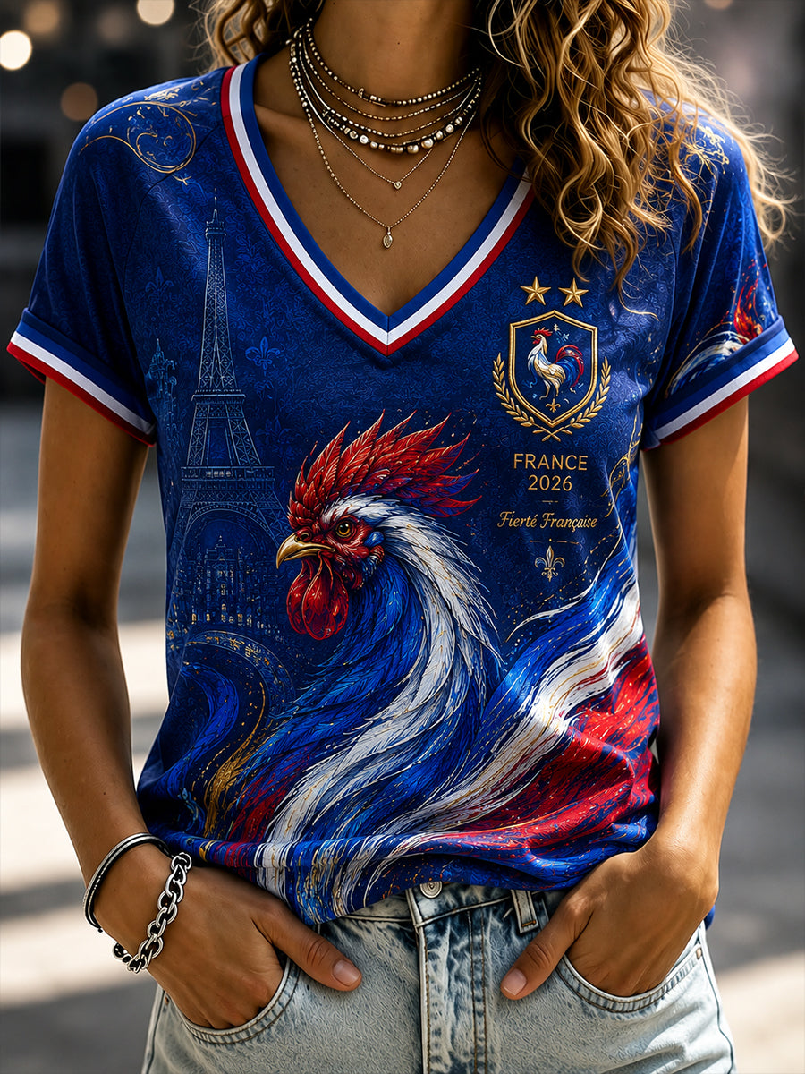 T-shirt femme à col en V et épaules dénudées, manches courtes, commémoratif patriotique français