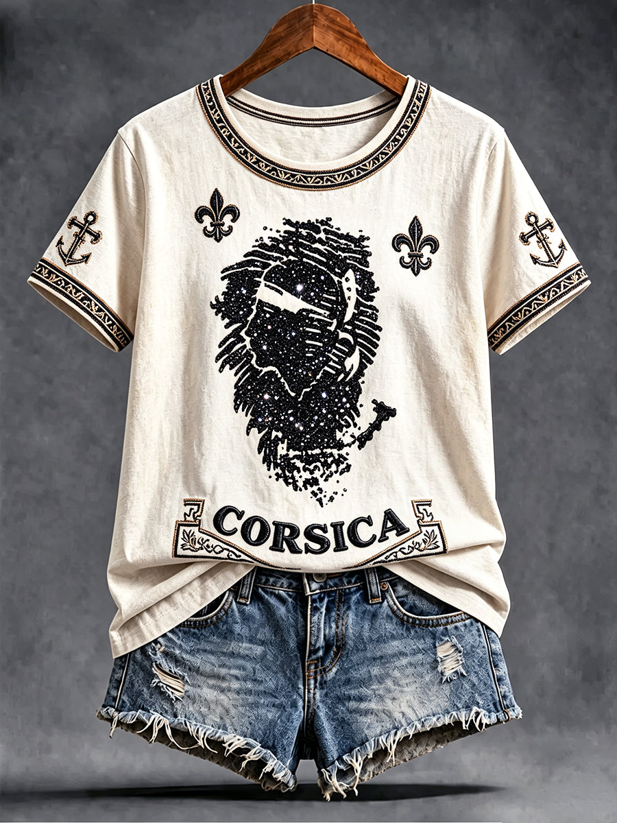 T-shirt femme blanc cassé à imprimé corse français, décontracté, pour temps frais