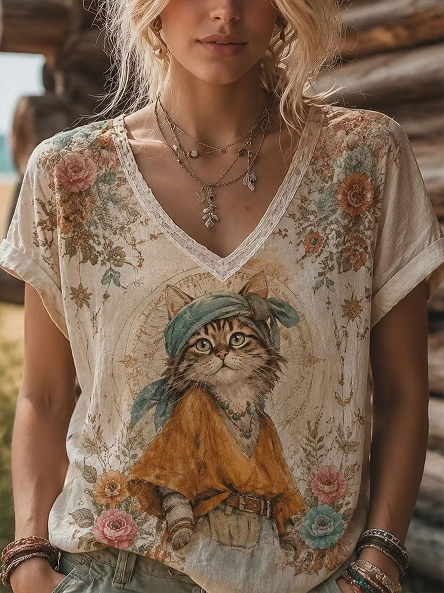 Haut élégant en coton et lin à motifs floraux pour femme