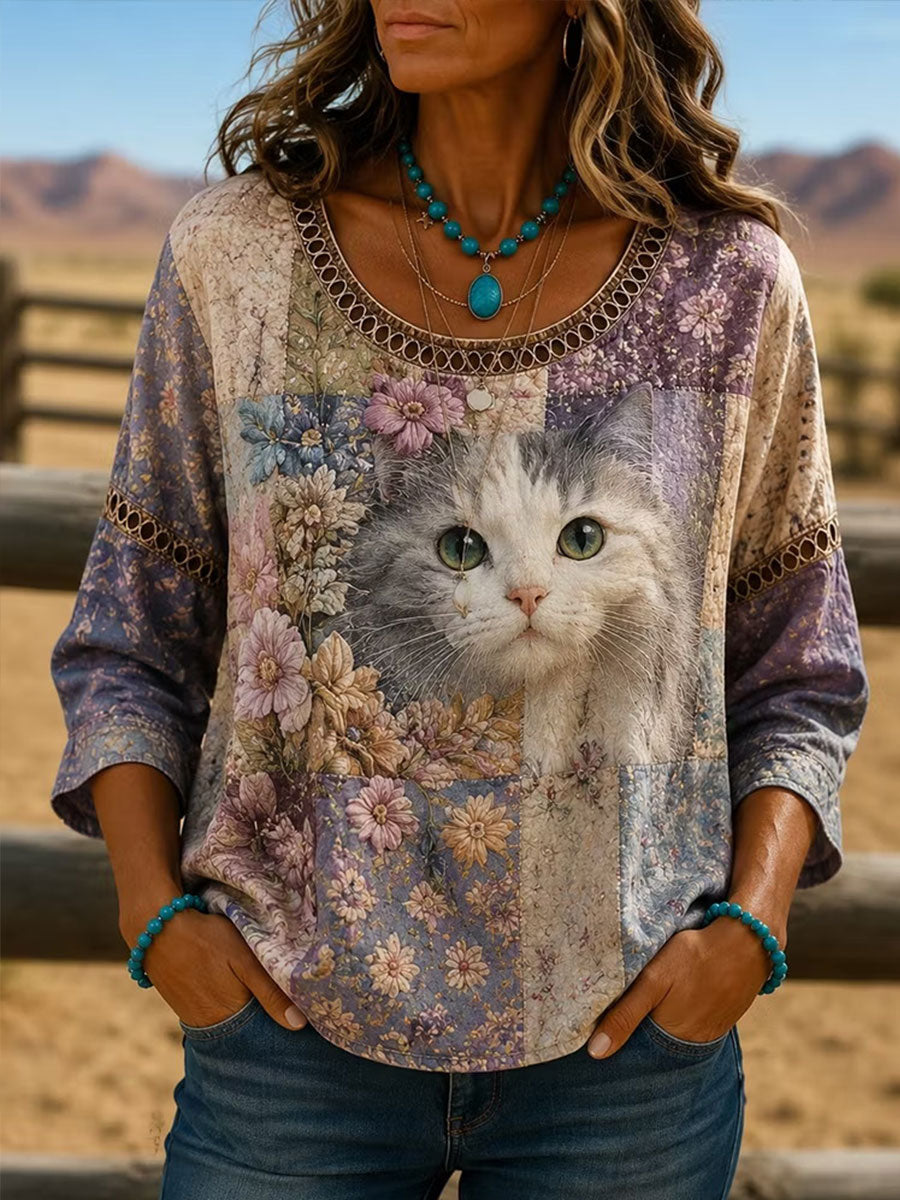 Haut élégant en coton et lin à motifs floraux pour femme