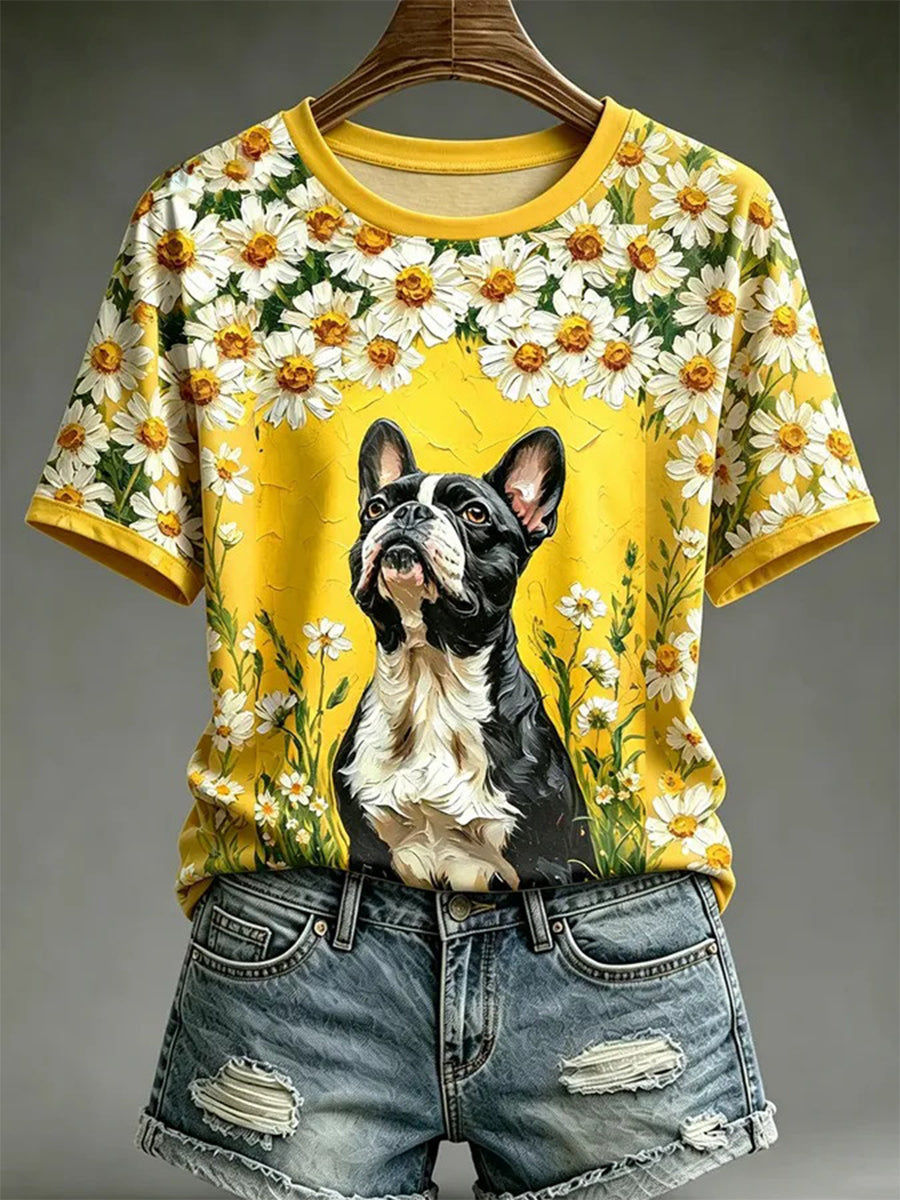 T-shirt décontracté pour femme, imprimé dans le style d’une peinture à l’huile représentant un chien