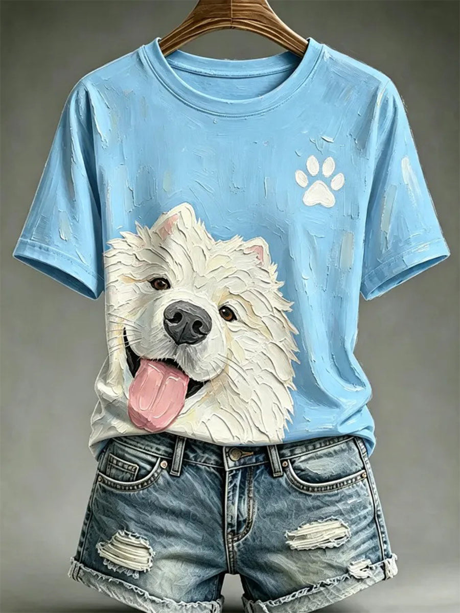 T-shirt décontracté pour femme, imprimé dans le style d’une peinture à l’huile représentant un chien
