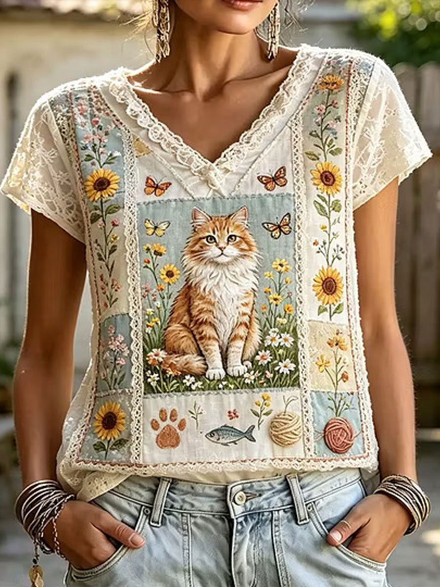 Femmes Élégant Floral Chat Coton Lin Top