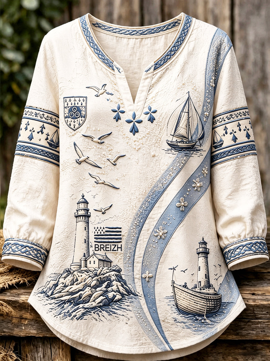 T-shirt femme léger à manches longues, en coton et lin, col en V, imprimé Bretagne, style décontracté