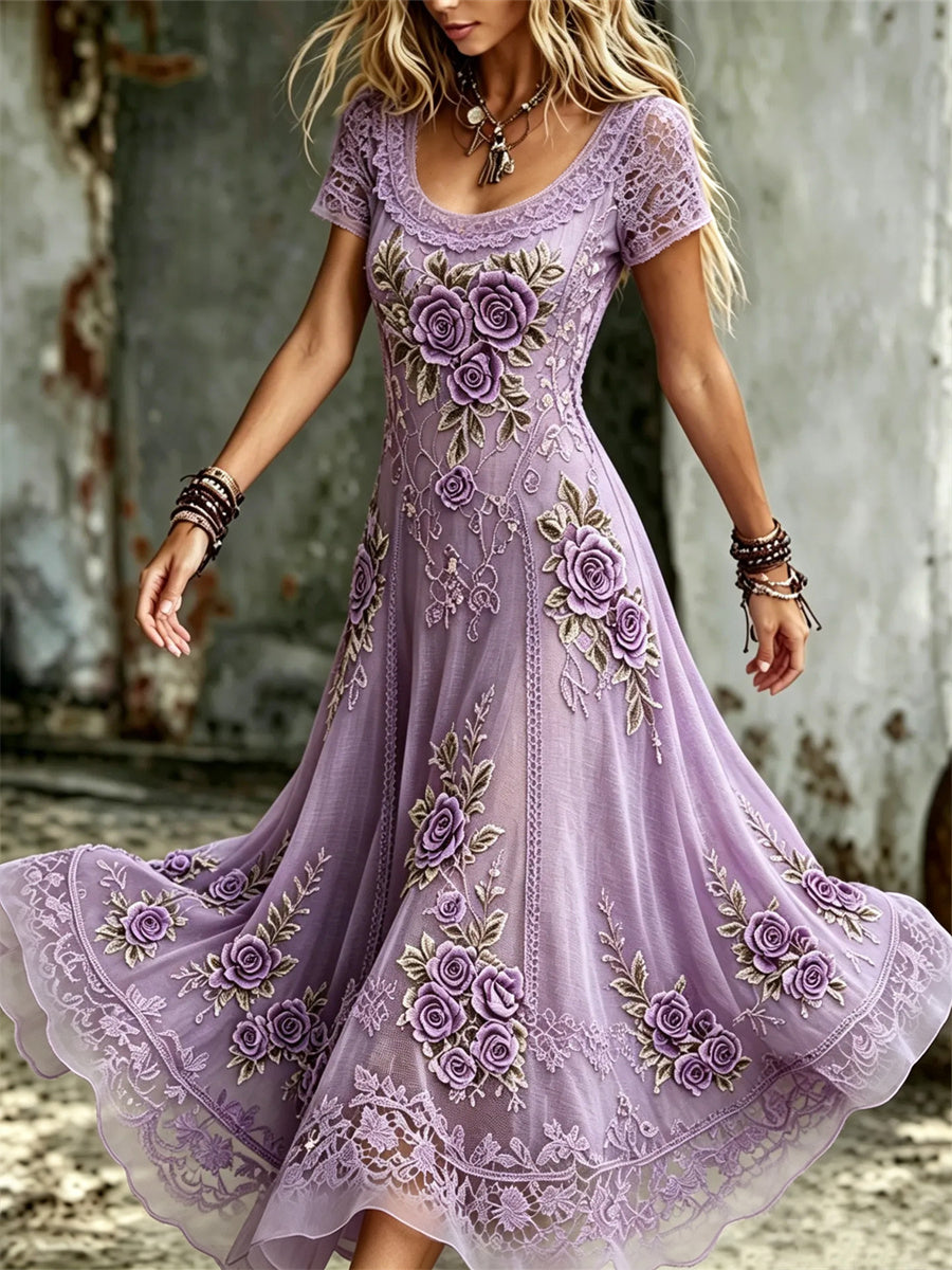 Femmes Classy Violet Roses Dentelle Art Imprimer Flowy Maxi Dress