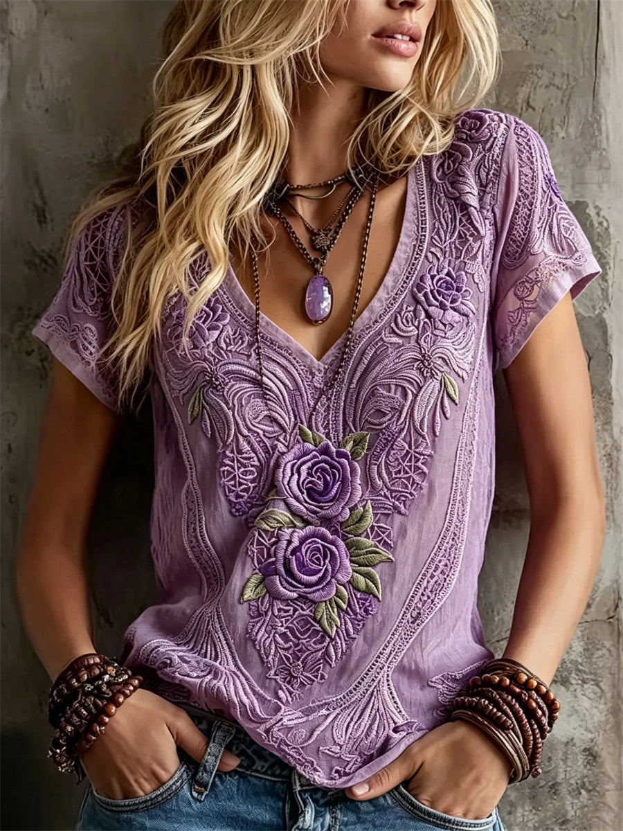 Femme Classy Violet Roses Dentelle Art Imprimer lin à manches courtes T-shirt