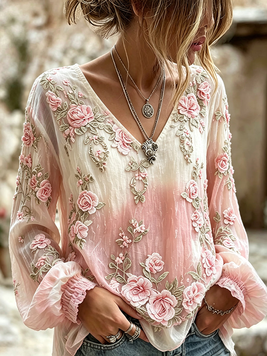 Chemise femme élégante en coton-lin, imprimé floral dégradé, col en V