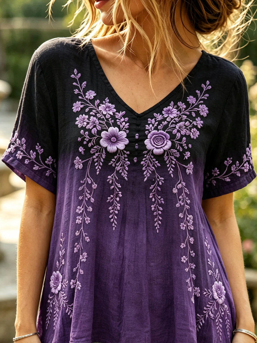 T-shirt à manches courtes en lin dégradé à imprimé floral chic pour femme