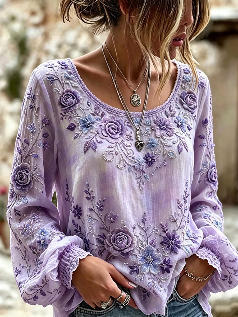 Chemise Femme Classique Violet Imprimé Floral Col Rond En Coton-Lin