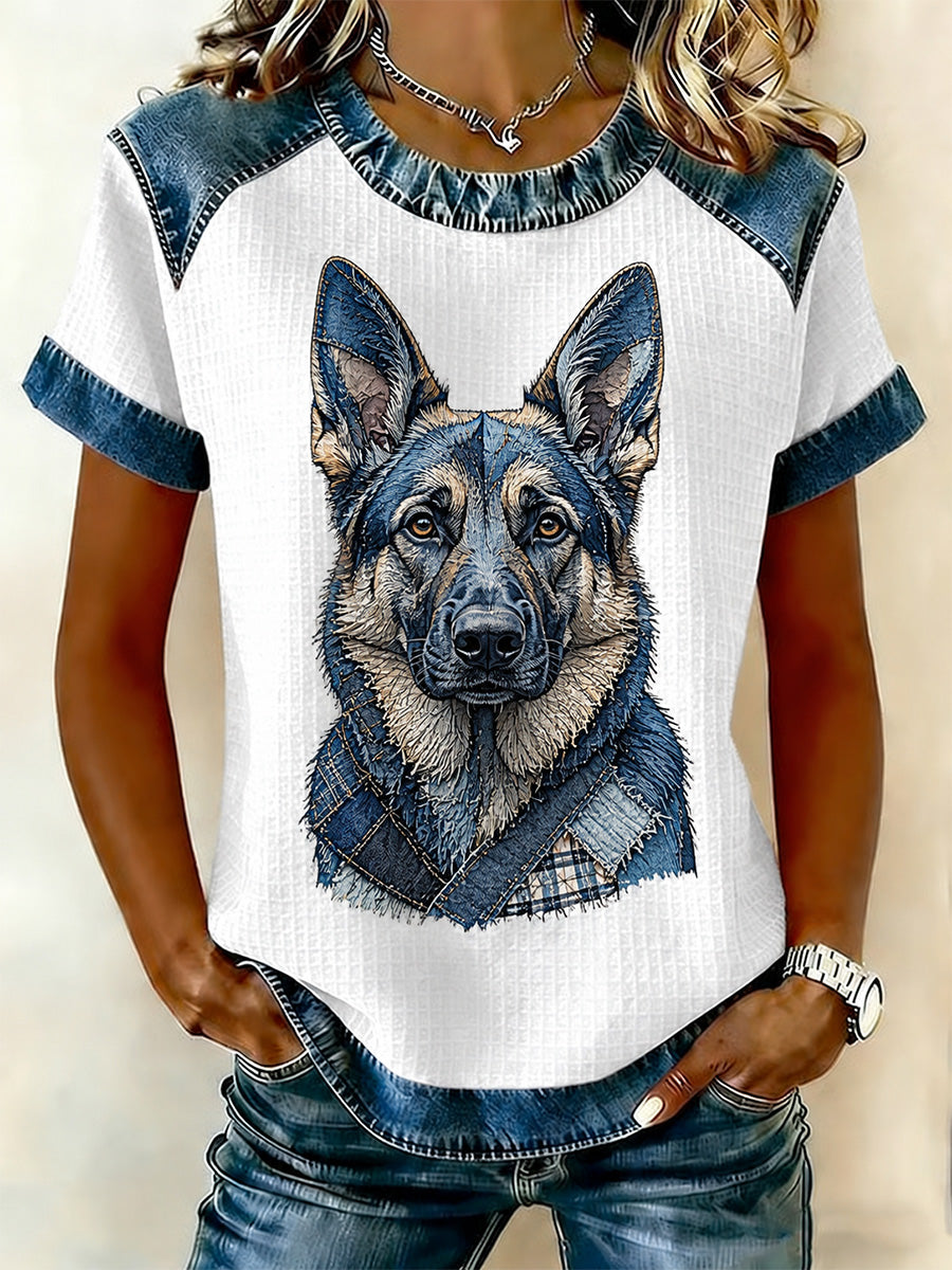 Denim Patchwork Chien Imprimer Waffle Casual Tee Femme