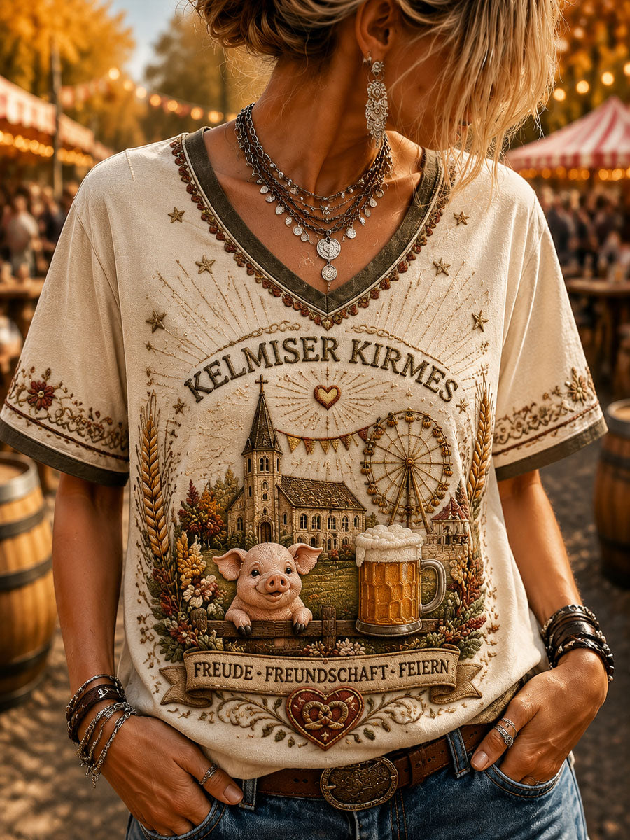 T-shirt décontracté à manches courtes pour femme, motif jardin et église de Kelmis