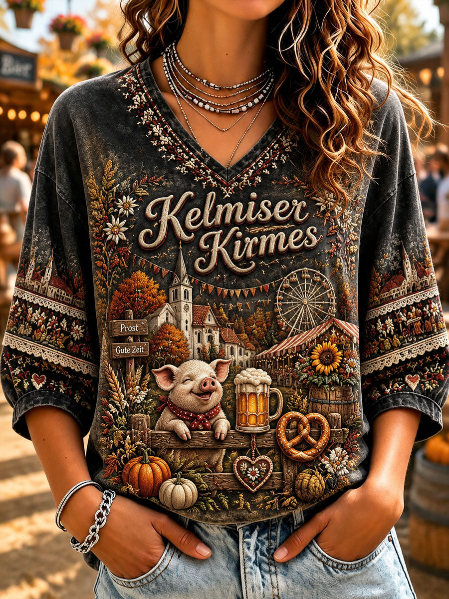 T-shirt décontracté pour femme à imprimé jardin, église de Kelmis