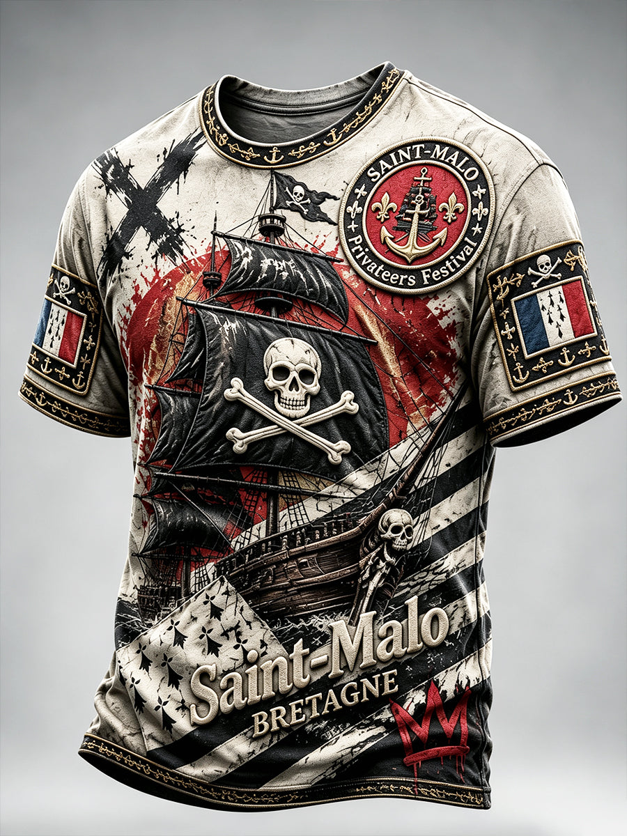 T-shirt Homme French Brittany Saint-Malo Pirate Festival Rétro Graffiti Imprimé