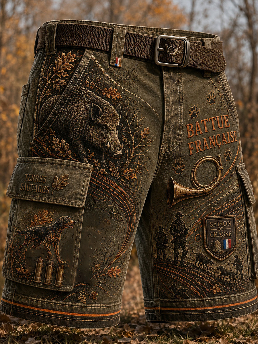 Short décontracté avec impression artistique sur la saison de chasse française pour hommes
