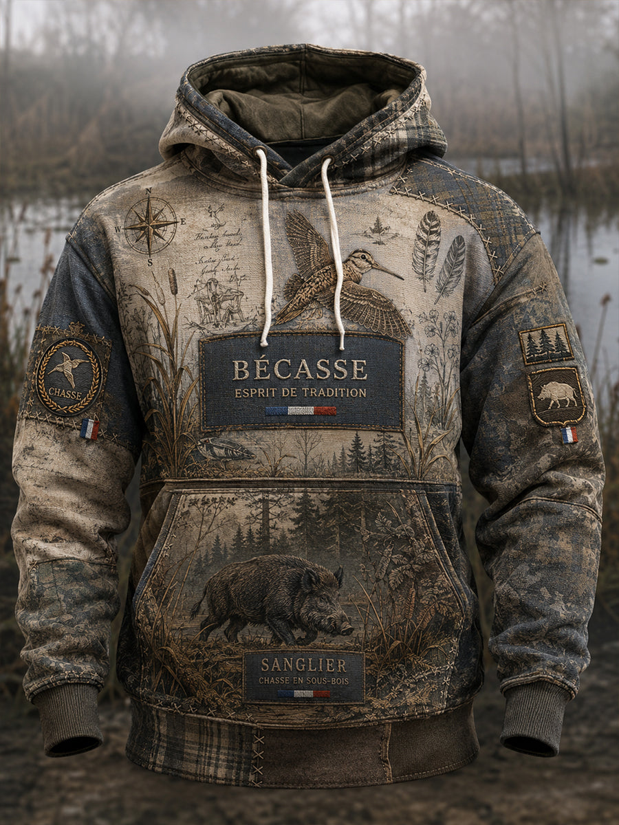 Sweat à capuche surdimensionné à épaules tombantes, avec poches, pour la saison de chasse française, modèle homme