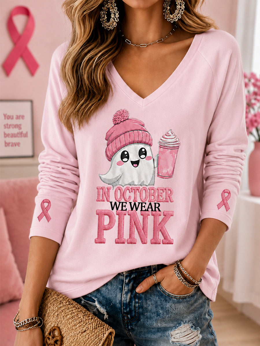 En Octobre des femmes nous portons rose Halloween rose Ghost impression cancer du sein soutien de sensibilisation col en V à manches longues T-shirt