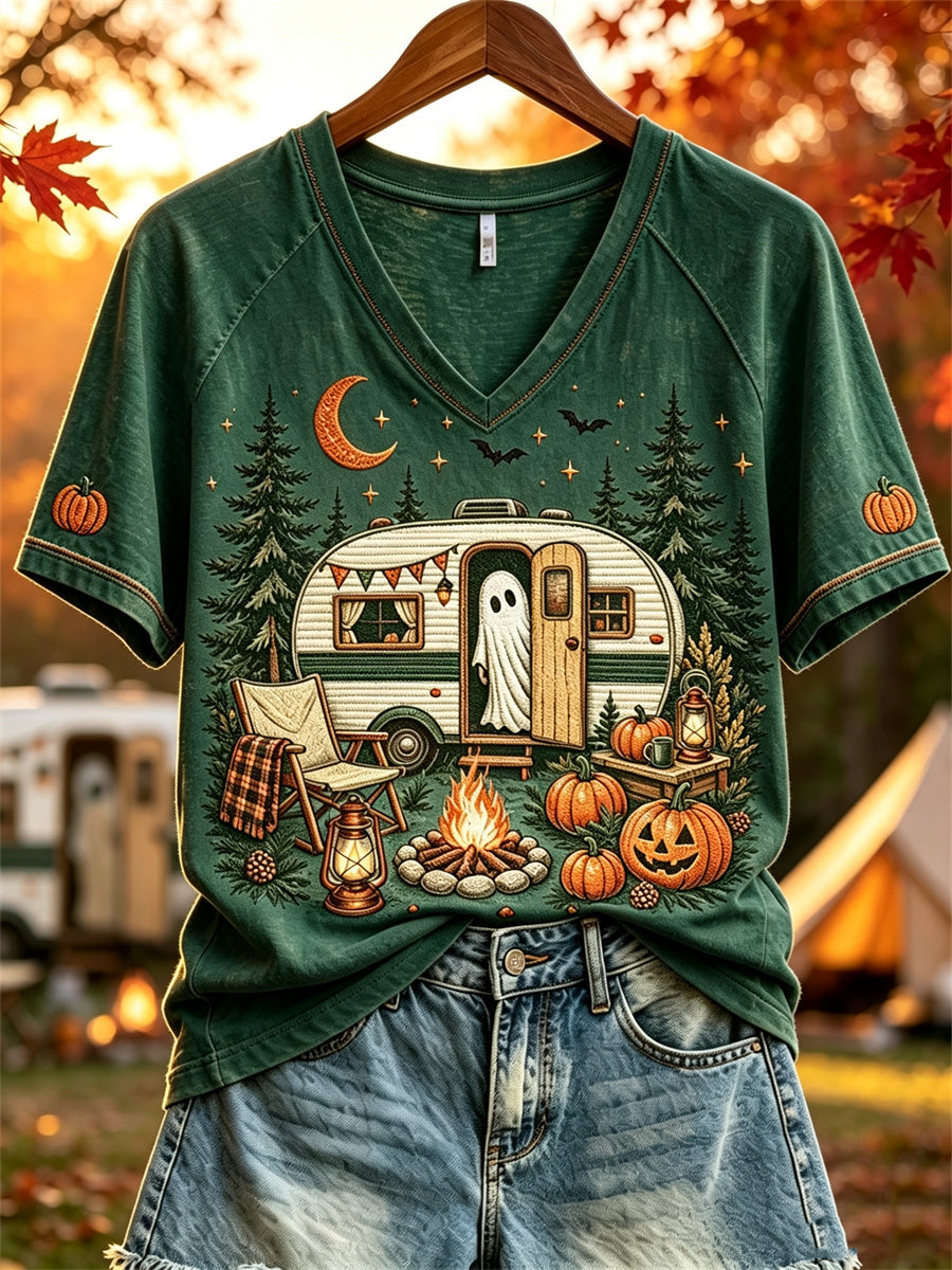 Halloween Ghost Fall RV Camping T-shirt à manches courtes pour femmes