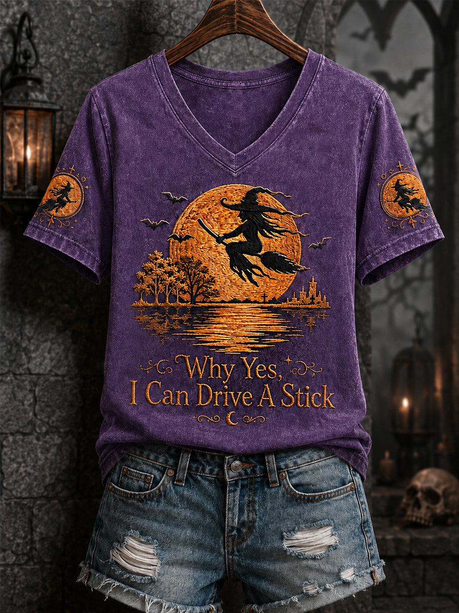 Drôle Halloween Sorcière des femmes Pourquoi Oui, en fait, je peux conduire un bâton Imprimer Casual V-Neck Tee