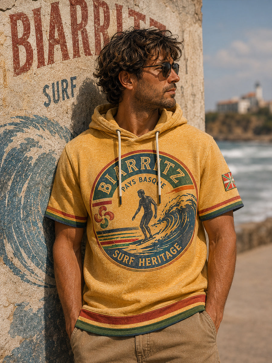 Sweat à capuche décontracté à manches courtes pour homme, imprimé inspiré de la culture basque et du surf français