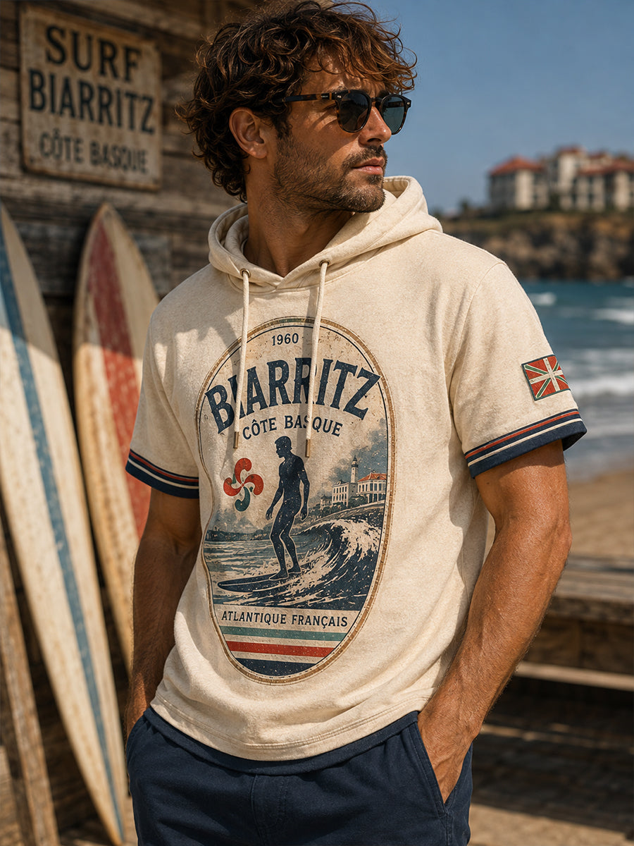 Sweat à capuche décontracté à manches courtes pour homme, imprimé inspiré de la culture basque et du surf français