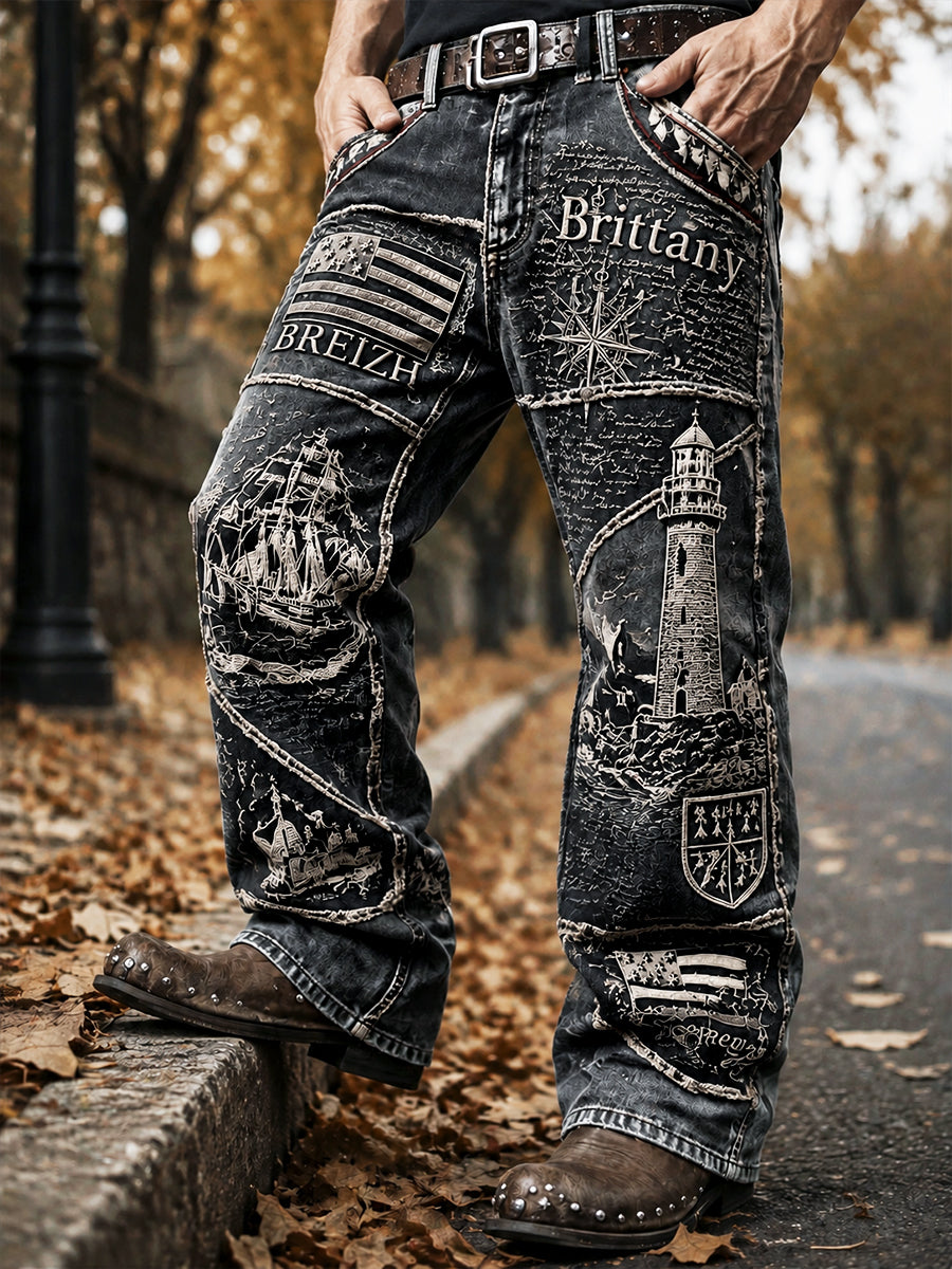 Pantalon décontracté pour homme, style vintage gris foncé, imprimé patchwork breton français
