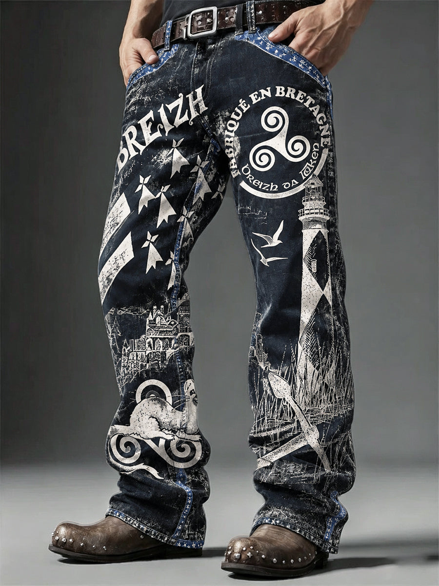 Pantalon décontracté noir pour homme à imprimé marin breton