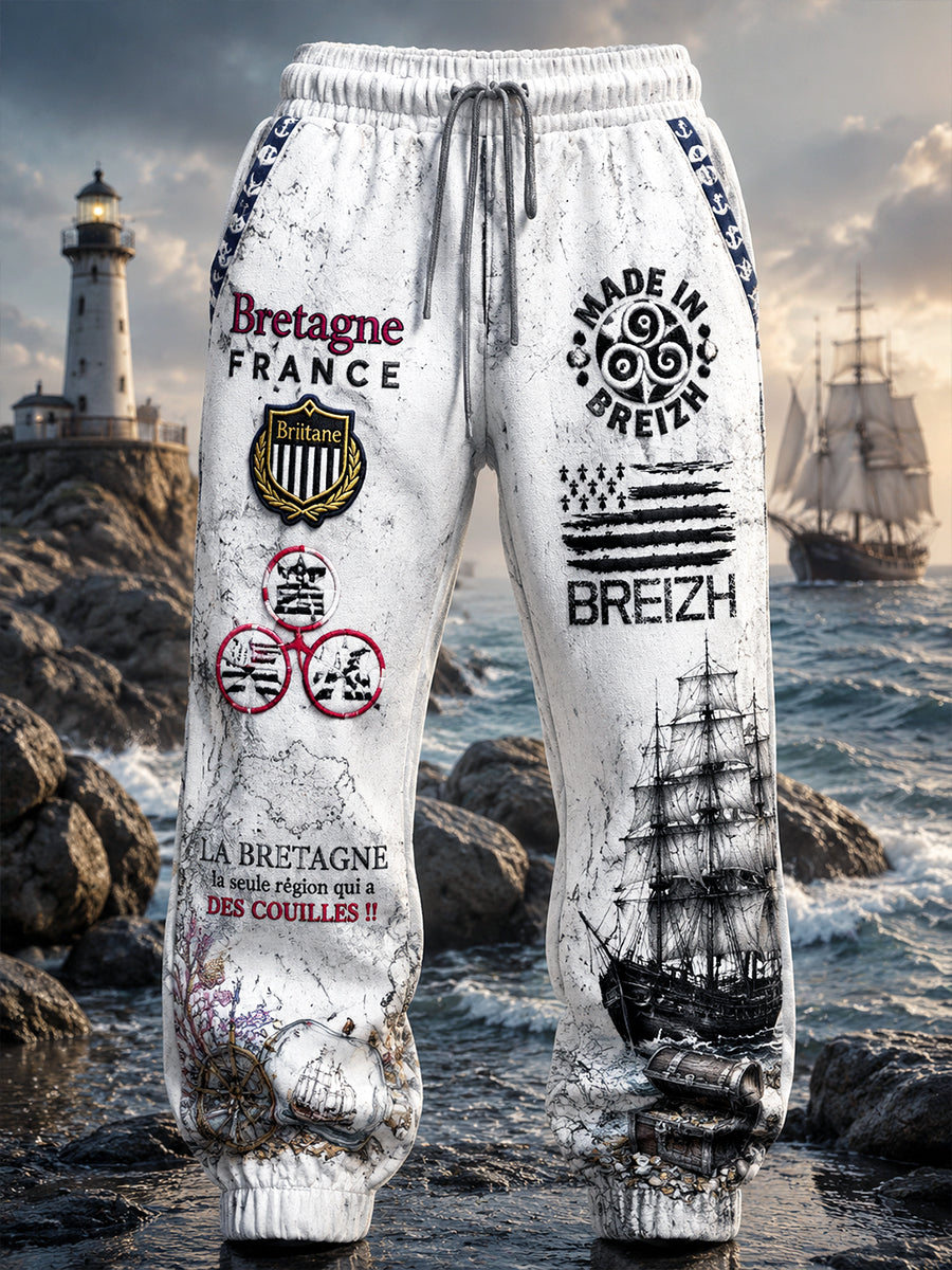 Pantalon de sport décontracté blanc à imprimé breton pour homme