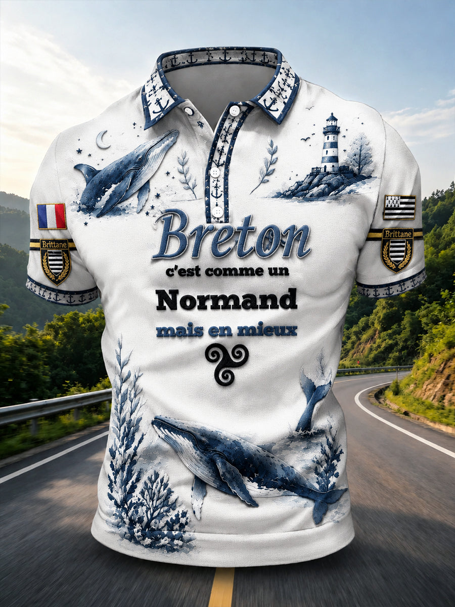 Polo décontracté blanc à imprimé breton pour homme
