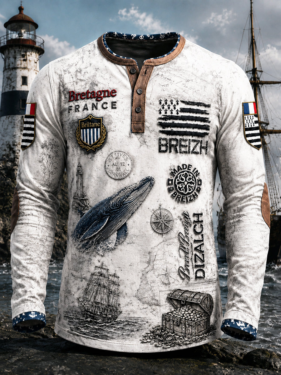 Sweat-shirt décontracté pour homme, style vintage, blanc à imprimé marin, col boutonné