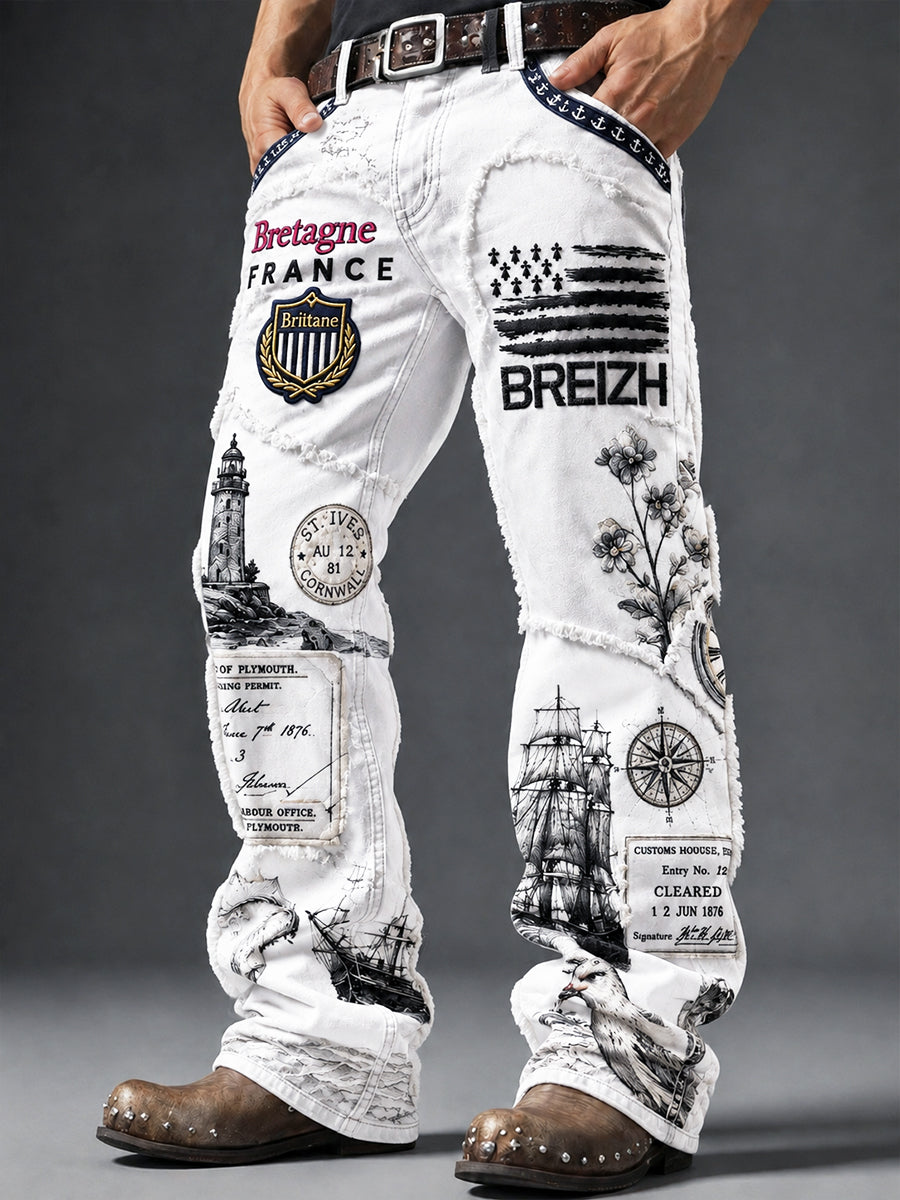 Pantalon décontracté pour homme, blanc, de style breton, à imprimé patchwork
