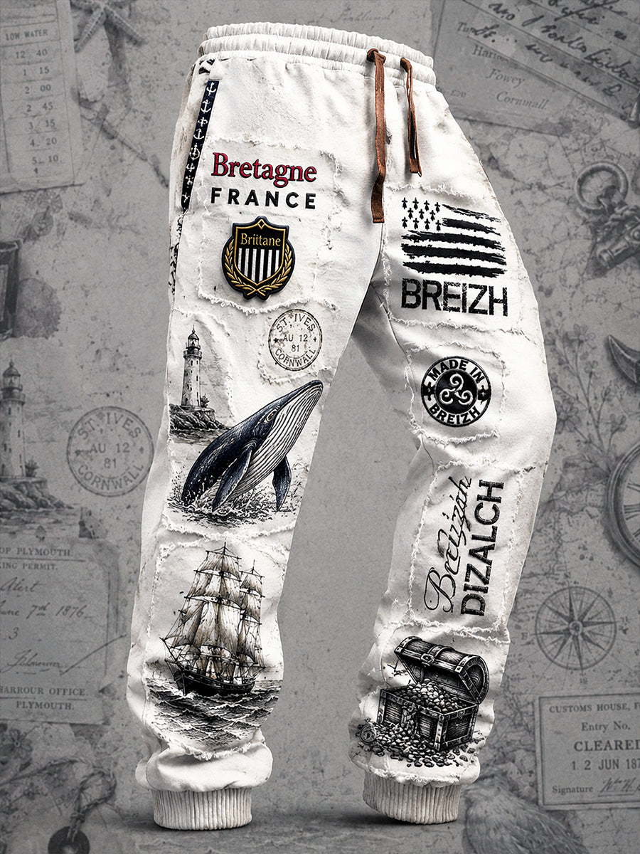 Pantalon de sport décontracté pour homme, style rétro breton français, motif patchwork